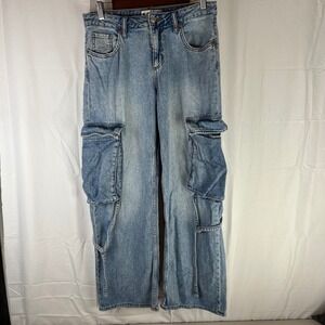 S.O.N.G. Cargo Jeans Women 9/29 Light Wash‎ Blue Wide Leg High Rise SJ22168LTG5